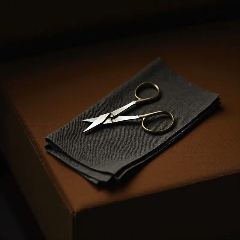 A pair of small brass-handled shears resting on folded charcoal fabric.
